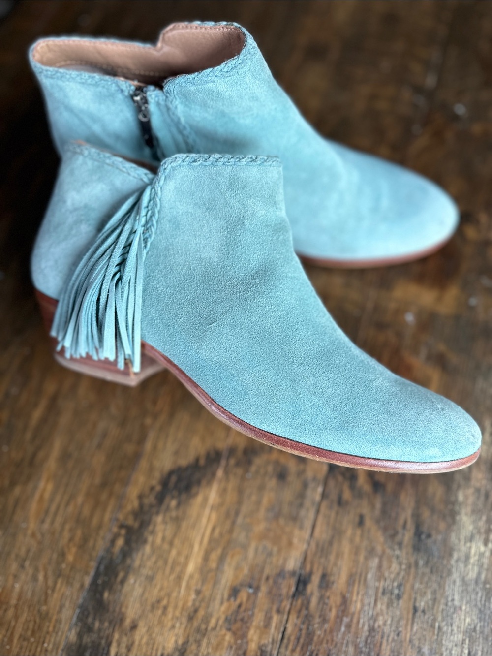 Sam Edelman Leya Suede Fringe Ankle Booties in Seafoam | 9